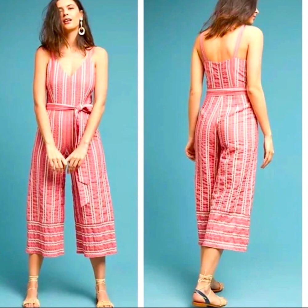 Anthropologie Women’s Red and Cream Striped Summer Jumpsuit
